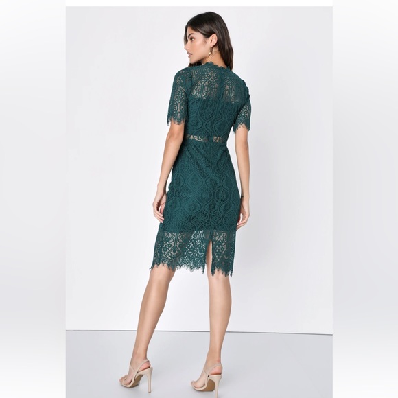 NWT Lulu’s Remarkable Forest Green Sheer Lace Short Sleeve Mini Dress - Picture 2 of 6